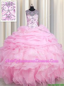 Wonderful See Through Rose Pink Scoop Lace Up Beading and Ruffles and Pick Ups Sweet 16 Dresses Sleeveless