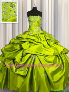 Flare Yellow Green Taffeta Lace Up Sweet 16 Quinceanera Dress Sleeveless Floor Length Beading and Pick Ups