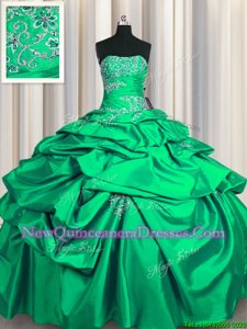 Sweet Turquoise Ball Gowns Taffeta Strapless Sleeveless Appliques and Pick Ups Floor Length Lace Up 15th Birthday Dress