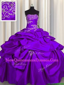 Purple Taffeta Lace Up Strapless Sleeveless Floor Length 15th Birthday Dress Appliques and Pick Ups