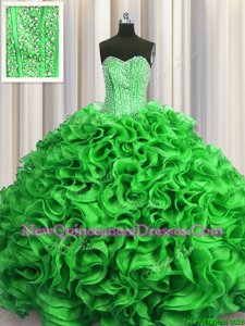 Simple Visible Boning Green Sweetheart Lace Up Beading and Ruffles 15 Quinceanera Dress Sleeveless