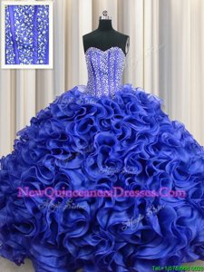 Glorious Visible Boning Royal Blue Sleeveless Beading and Ruffles Floor Length Sweet 16 Quinceanera Dress