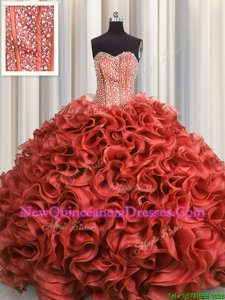 Ideal Visible Boning Floor Length Rust Red Vestidos de Quinceanera Organza Sleeveless Spring and Summer and Fall and Winter Beading and Ruffles