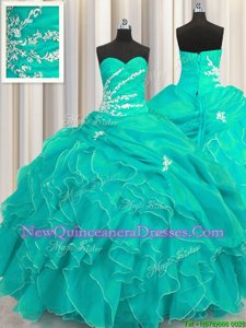 Exceptional Turquoise Sweetheart Lace Up Beading and Appliques and Ruffles Quince Ball Gowns Sleeveless