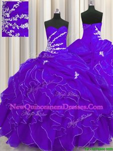 New Arrival Purple Sleeveless Floor Length Beading and Appliques and Ruffles Lace Up Sweet 16 Quinceanera Dress