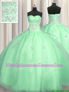 Customized Puffy Skirt Organza Sweetheart Sleeveless Zipper Beading and Appliques Sweet 16 Dresses inApple Green