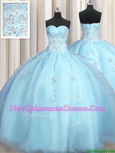 Dynamic Big Puffy Baby Blue Organza Zipper Sweetheart Sleeveless Floor Length Sweet 16 Quinceanera Dress Beading and Appliques