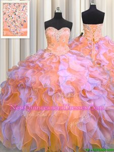 Trendy Sleeveless Floor Length Beading and Appliques and Ruffles Lace Up 15 Quinceanera Dress with Multi-color