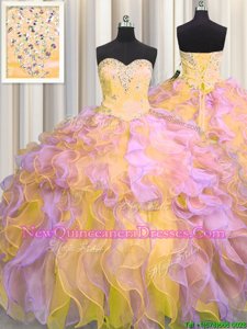 Discount Sweetheart Sleeveless Organza Ball Gown Prom Dress Beading and Appliques and Ruffles Lace Up