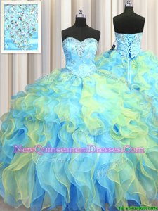 Stylish Multi-color Organza Lace Up Vestidos de Quinceanera Sleeveless Floor Length Beading and Appliques and Ruffles