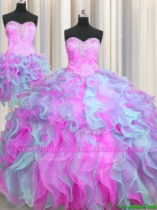 New Style Three Piece Sweetheart Sleeveless Quinceanera Dress Beading and Ruffles Multi-color Organza