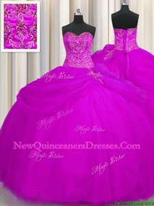 Clearance Fuchsia Tulle Lace Up Sweetheart Sleeveless Floor Length Quinceanera Gowns Beading