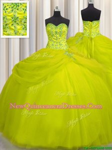 Decent Really Puffy Yellow Green Lace Up Vestidos de Quinceanera Beading Sleeveless Floor Length