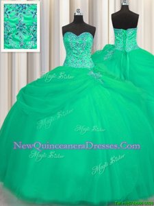 Shining Big Puffy Floor Length Turquoise Quince Ball Gowns Tulle Sleeveless Spring and Summer and Fall and Winter Beading