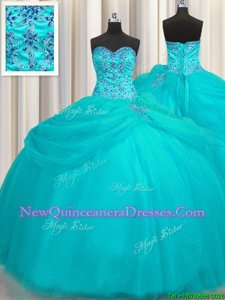 Fabulous Puffy Skirt Sleeveless Floor Length Beading Lace Up 15th Birthday Dress with Aqua Blue