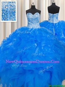 Hot Selling Visible Boning Beaded Bodice Floor Length Blue Sweet 16 Quinceanera Dress Organza Sleeveless Spring and Summer and Fall and Winter Beading and Ruffles