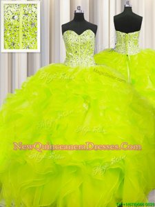 Glamorous Visible Boning Beaded Bodice Yellow Ball Gowns Organza Sweetheart Sleeveless Beading and Ruffles Floor Length Lace Up Sweet 16 Quinceanera Dress