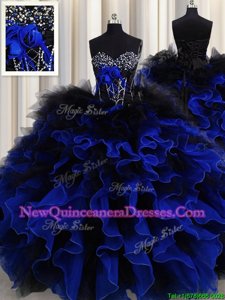 Discount Sweetheart Sleeveless Vestidos de Quinceanera Floor Length Beading and Ruffles Blue And Black Organza and Tulle