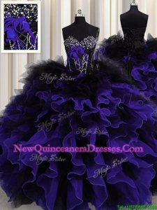 Organza and Tulle Sweetheart Sleeveless Lace Up Beading and Ruffles Ball Gown Prom Dress inBlack And Purple