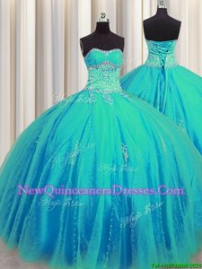 Edgy Big Puffy Beading and Appliques Sweet 16 Dresses Aqua Blue Lace Up Sleeveless Floor Length