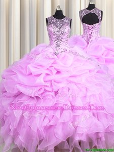 Modest Scoop See Through Spring and Summer and Fall and Winter Organza Sleeveless Floor Length Vestidos de Quinceanera andBeading and Ruffles and Pick Ups