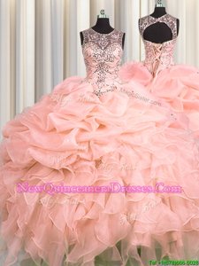 Extravagant Scoop See Through Peach Lace Up 15 Quinceanera Dress Beading and Ruffles and Pick Ups Sleeveless Floor Length