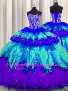 Cute Bling-bling Visible Boning Sweetheart Sleeveless Sweet 16 Dress Floor Length Beading and Ruffles and Ruffled Layers and Sequins Multi-color Tulle