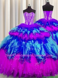 Simple Bling-bling Visible Boning Sweetheart Sleeveless Sweet 16 Dress Floor Length Beading and Ruffles and Ruffled Layers and Sequins Multi-color Tulle