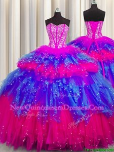 New Arrival Bling-bling Visible Boning Spring and Summer and Fall and Winter Tulle Sleeveless Floor Length 15th Birthday Dress andBeading and Ruffles and Ruffled Layers and Sequins