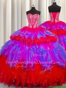 Wonderful Bling-bling Visible Boning Sleeveless Lace Up Floor Length Beading and Ruffles and Ruffled Layers and Sequins Quince Ball Gowns