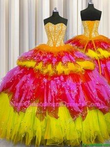 Glamorous Bling-bling Visible Boning Multi-color Tulle Lace Up Sweetheart Sleeveless Floor Length Quinceanera Gowns Beading and Ruffles and Ruffled Layers and Sequins