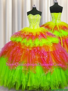 Classical Bling-bling Visible Boning Floor Length Multi-color 15th Birthday Dress Tulle Sleeveless Spring and Summer and Fall and Winter Beading and Ruffles and Ruffled Layers and Sequins