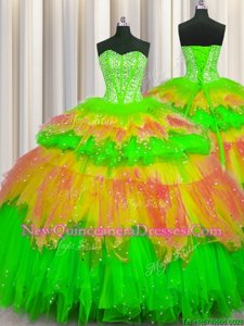 Super Bling-bling Visible Boning Multi-color Sweetheart Lace Up Beading and Ruffles and Ruffled Layers and Sequins Quince Ball Gowns Sleeveless