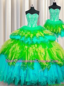 Fantastic Three Piece Visible Boning Spring and Summer and Fall and Winter Tulle Sleeveless Floor Length Quinceanera Gown andBeading and Ruffles and Ruffled Layers and Sequins