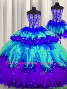 Edgy Three Piece Visible Boning Floor Length Lace Up Vestidos de Quinceanera Multi-color and In for Military Ball and Sweet 16 and Quinceanera withBeading and Ruffles and Ruffled Layers and Sequins