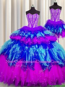 Customized Three Piece Visible Boning Multi-color Sleeveless Floor Length Beading and Ruffles and Ruffled Layers and Sequins Lace Up Quinceanera Gown