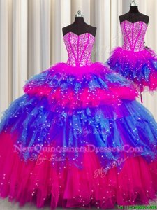 Captivating Three Piece Visible Boning Sweetheart Sleeveless Lace Up Quinceanera Gown Multi-color Tulle