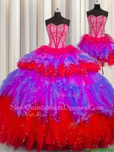 Traditional Three Piece Visible Boning Floor Length Multi-color Vestidos de Quinceanera Tulle Sleeveless Spring and Summer and Fall and Winter Beading