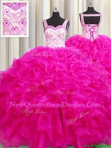 Trendy Fuchsia Sleeveless Floor Length Beading and Ruffles Lace Up Vestidos de Quinceanera