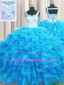 Ball Gowns Quinceanera Gowns Aqua Blue Straps Organza Sleeveless Floor Length Lace Up