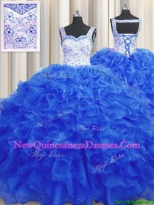 Stylish Sleeveless Floor Length Beading Lace Up Quinceanera Dresses with Royal Blue