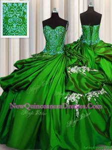 Designer Sweetheart Sleeveless Quinceanera Dress Floor Length Beading and Appliques Green Taffeta