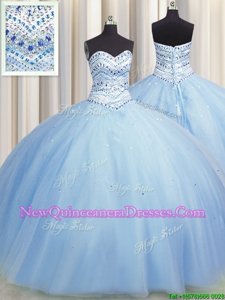 Flare Bling-bling Big Puffy Sleeveless Lace Up Floor Length Beading Sweet 16 Dresses