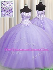 Chic Bling-bling Puffy Skirt Lavender Tulle Lace Up Sweetheart Sleeveless Floor Length Sweet 16 Dress Beading