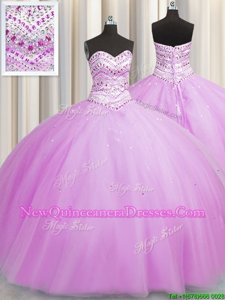 Artistic Bling-bling Really Puffy Lilac Lace Up Sweetheart Beading Quinceanera Dresses Tulle Sleeveless