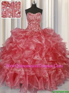 Exquisite Visible Boning Ball Gowns Quinceanera Gown Coral Red Strapless Organza Sleeveless Floor Length Lace Up