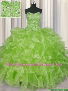 Customized Visible Boning Yellow Green Sleeveless Organza Lace Up Quinceanera Gown for Military Ball and Sweet 16 and Quinceanera