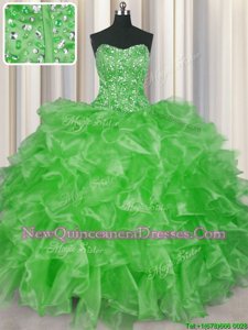 Popular Visible Boning Sleeveless Beading and Ruffles Lace Up Ball Gown Prom Dress