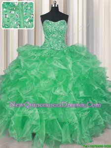 Custom Fit Visible Boning Apple Green Sleeveless Beading and Ruffles Floor Length Sweet 16 Quinceanera Dress