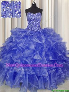 Super Visible Boning Strapless Sleeveless Quince Ball Gowns Floor Length Beading and Ruffles Blue Organza